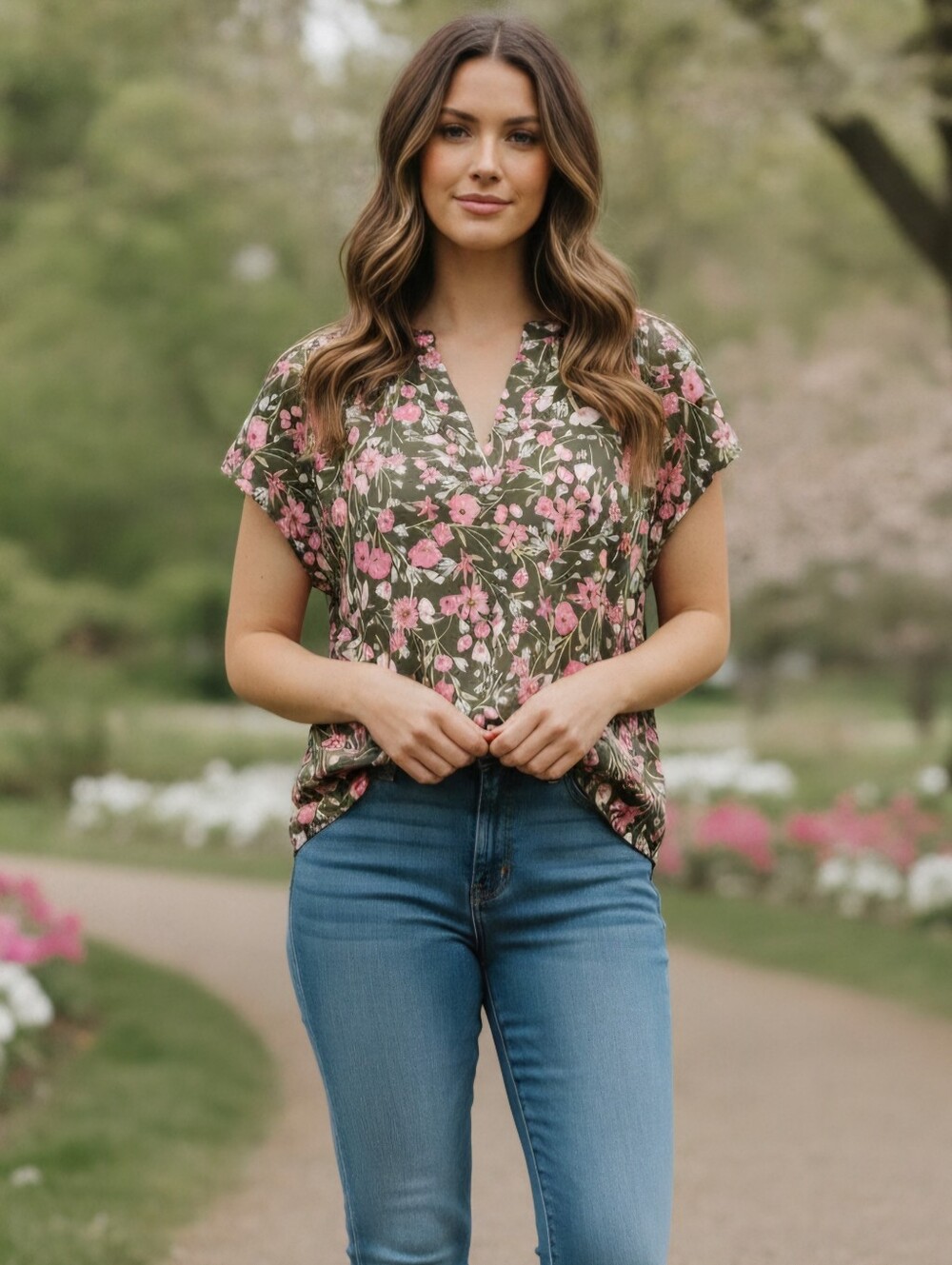 EVRI Olive Green Floral Split-V Neck Blouse with Pink Flowers